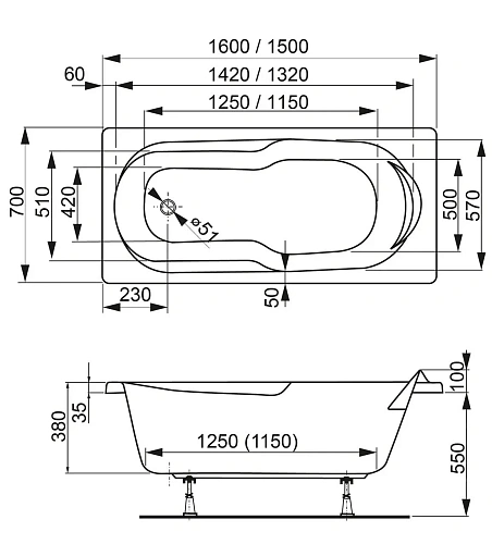 Акриловая ванна VAGNERPLAST NYMFA 150x70 VPBA157NYM2E-04 Акриловая ванна VAGNERPLAST NYMFA 150x70 VPBA157NYM2E-04