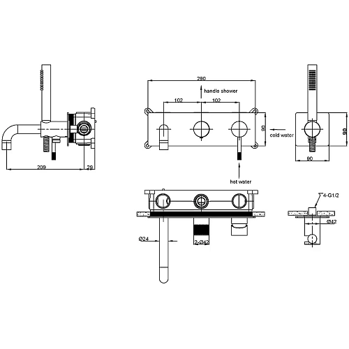Смеситель для ванны Boheme Uno Black 464-3-B встраиваемый Смеситель для ванны Boheme Uno Black 464-3-B встраиваемый