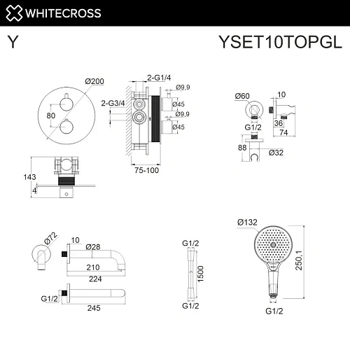 Душевая система WHITECROSS Y YSET10TOPGL золото термостатическая, скрытого монтажа Душевая система WHITECROSS Y YSET10TOPGL золото термостатическая, скрытого монтажа