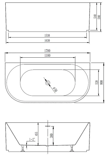 Акриловая ванна Vincea VBT-4291-1700 1700x800x580, белая, щелевой перелив Акриловая ванна Vincea VBT-4291-1700 1700x800x580, белая, щелевой перелив