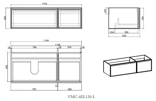 Тумба под раковину Vincea Elise 1200 VMC-4EL120MG-L подвесная, серый матовый Тумба под раковину Vincea Elise 1200 VMC-4EL120MG-L подвесная, серый матовый