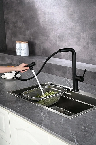 Смеситель для кухни AQUAme Cucina AQM9903MB с выдвижным изливом, с подключением к фильтру с питьевой водой, черный матовый Смеситель для кухни AQUAme Cucina AQM9903MB с выдвижным изливом, с подключением к фильтру с питьевой водой, черный матовый