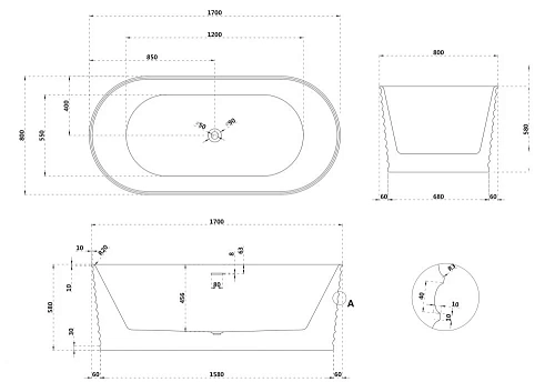 Ванна отдельностоящая ABBER AS9650 170x80 универсальная, белая матовая, искусственный камень Ванна отдельностоящая ABBER AS9650 170x80 универсальная, белая матовая, искусственный камень