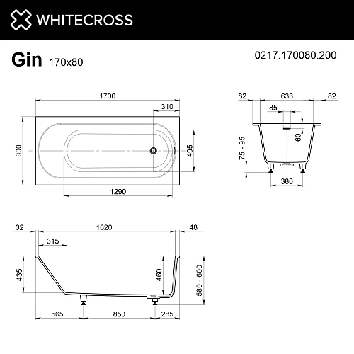 Ванна из искусственного камня WHITECROSS Gin 170x80 белый матовый 0217.170080.200 Ванна из искусственного камня WHITECROSS Gin 170x80 белый матовый 0217.170080.200