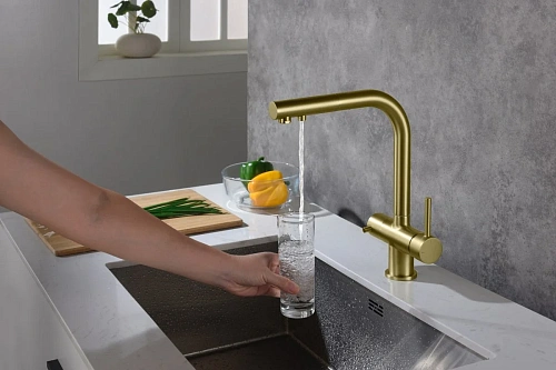 Смеситель для кухни Timo Saona 2356/17FL с подключением фильтра и выдвижной лейкой золото матовое Смеситель для кухни Timo Saona 2356/17FL с подключением фильтра и выдвижной лейкой золото матовое