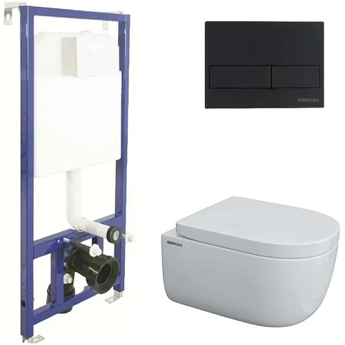 Комплект унитаза BERGES EGO Rimless с инсталляцией NOVUM525, кнопка L5 SoftTouch черная, Крышка-сиде 043232 Комплект унитаза BERGES EGO Rimless с инсталляцией NOVUM525, кнопка L5 SoftTouch черная, Крышка-сиде 043232