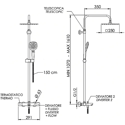 Душевая система Remer EQ34A8CPUFS25NO термостатическая, черный матовый Душевая система Remer EQ34A8CPUFS25NO термостатическая, черный матовый