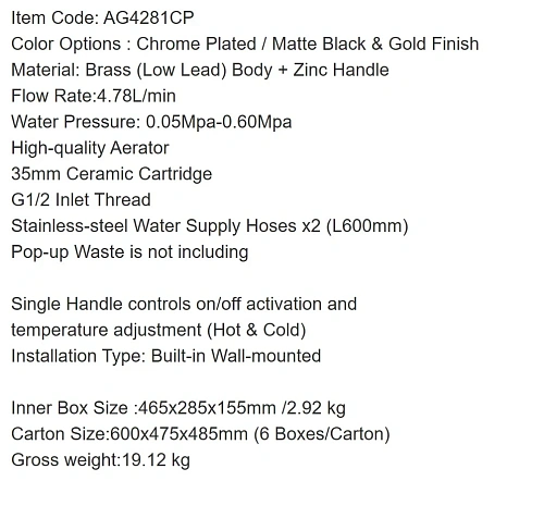 Смеситель для раковины ARROW AG4281CP хром встраиваемый Смеситель для раковины ARROW AG4281CP хром встраиваемый