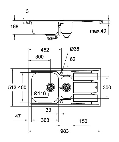 Кухонная мойка Grohe K400+ из нержавеющей стали с корзинчатым вентилем, 31569SD0, левая/правая Кухонная мойка Grohe K400+ из нержавеющей стали с корзинчатым вентилем, 31569SD0, левая/правая