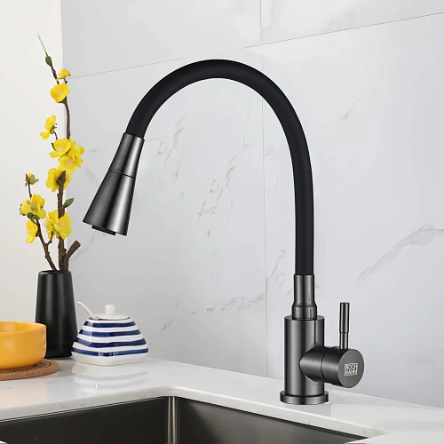 Смеситель для кухни BOCH MANN MIA GR BM10422 из нержавеющей стали с гибким изливом, серый Смеситель для кухни BOCH MANN MIA GR BM10422 из нержавеющей стали с гибким изливом, серый