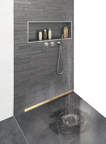 Душевой лоток BERGES WALL 1000 пристенный, золото глянец, S-сифон D50/105 H50 вертикальный 092057 Душевой лоток BERGES WALL 1000 пристенный, золото глянец, S-сифон D50/105 H50 вертикальный 092057