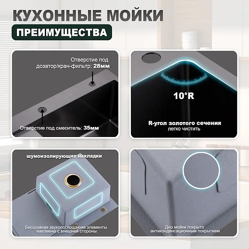 Кухонная мойка Splenka S704.7850.09 с крылом из нержавеющей стали в базу от 50см чаша справа, графит Кухонная мойка Splenka S704.7850.09 с крылом из нержавеющей стали в базу от 50см чаша справа, графит