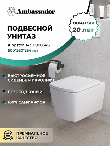 Унитаз подвесной Ambassador Kingston 143K19003RS (500x360x354) безободковый с сиденьем Унитаз подвесной Ambassador Kingston 143K19003RS (500x360x354) безободковый с сиденьем