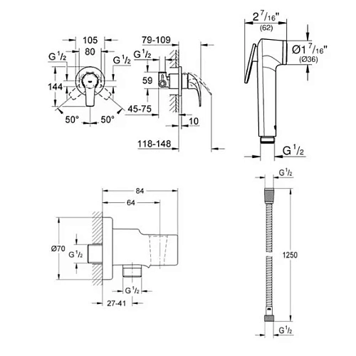 Гигиенический душ GROHE BauCurve (123072) со шлангом и держателем, хром Гигиенический душ GROHE BauCurve (123072) со шлангом и держателем, хром