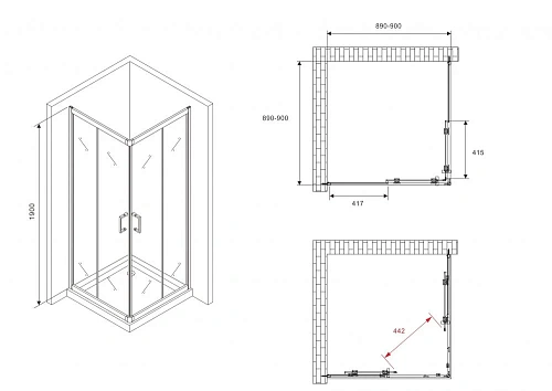 Душевой уголок ABBER Schwarzer Diamant AG02090B5 90x90 см универсальный, профиль черный, стекло прозрачное Душевой уголок ABBER Schwarzer Diamant AG02090B5 90x90 см универсальный, профиль черный, стекло прозрачное