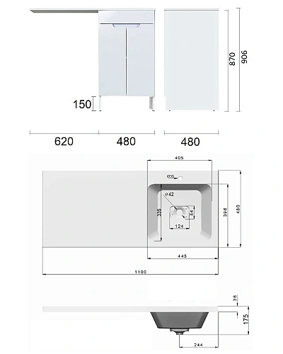 Тумба с раковиной Orange Sistema STD-110TUW+RAR напольная, правая 110 см под стиральную машину, белы Тумба с раковиной Orange Sistema STD-110TUW+RAR напольная, правая 110 см под стиральную машину, белы