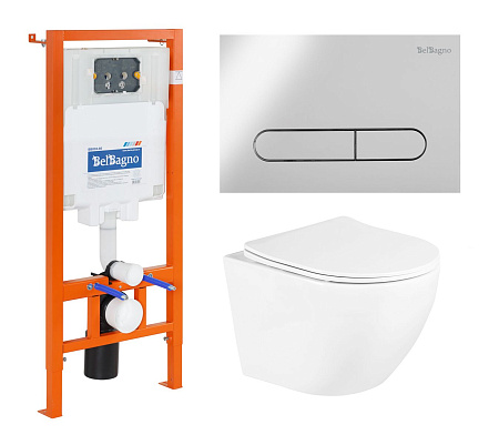 Комплект унитаза BelBagno с сиденьем UNO BB3105CHR/SC инсталляцией BB002-80 и клавишей смыва BB005-PR-CH