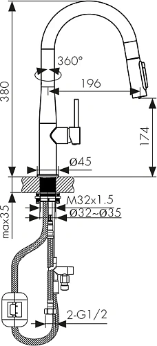 Смеситель для кухни Kaiser Vita с вытяжной лейкой, под фильтр зеленый 43344-21 Смеситель для кухни Kaiser Vita с вытяжной лейкой, под фильтр зеленый 43344-21