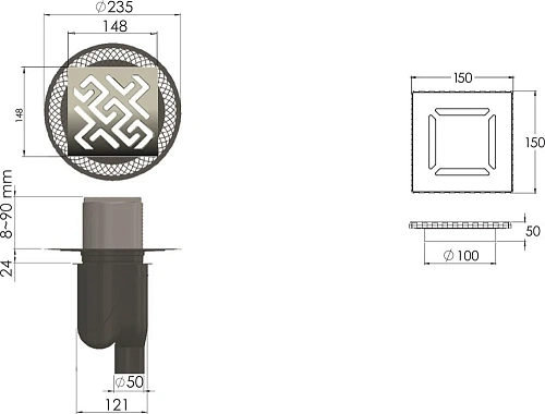 Душевой трап BERGES PLATZ Antik 150х150, бронза, S-сифон D50/105 H50 вертикальный 094061 Душевой трап BERGES PLATZ Antik 150х150, бронза, S-сифон D50/105 H50 вертикальный 094061