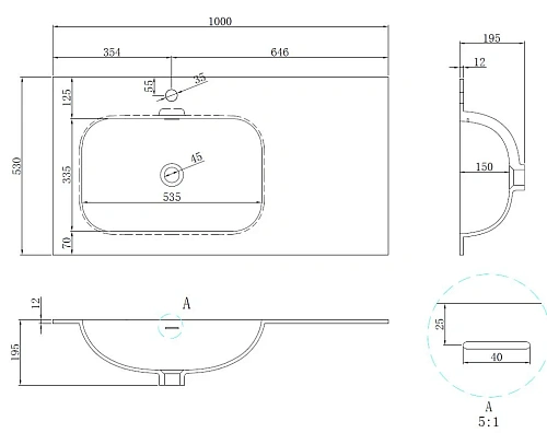 Раковина Vincea Elise VCB-4EL100MW-L, Corian левая, белый матовый Раковина Vincea Elise VCB-4EL100MW-L, Corian левая, белый матовый