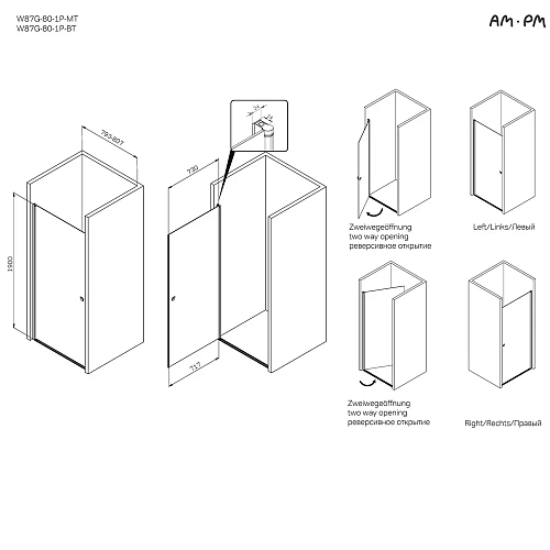 Душевая дверь AM.PM Sunny W87G-80-1P-BT распашная 80x190 профиль черный, стекло прозрачное Душевая дверь AM.PM Sunny W87G-80-1P-BT распашная 80x190 профиль черный, стекло прозрачное