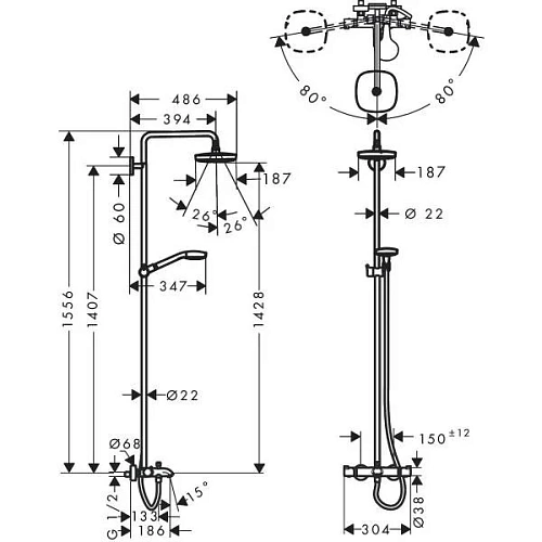 Душевая система hansgrohe Croma Select S 180 2 jet с термостатом 27352400 Душевая система hansgrohe Croma Select S 180 2 jet с термостатом 27352400