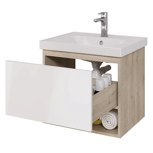 Тумба под раковину DREJA PERFECTO, 60 см, подвесная, 1 ящик, дуб эврика/белый глянец 99.0811 Тумба под раковину DREJA PERFECTO, 60 см, подвесная, 1 ящик, дуб эврика/белый глянец 99.0811