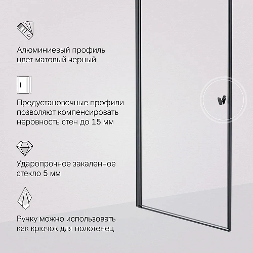 Душевая дверь AM.PM Sunny W87G-90-1P-BT распашная 90x190 профиль черный, стекло прозрачное Душевая дверь AM.PM Sunny W87G-90-1P-BT распашная 90x190 профиль черный, стекло прозрачное