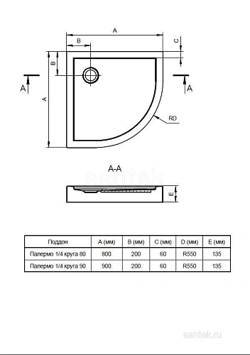 Душевой поддон Santek Палермо 90х90 четверть круга белый 1WH302478 1.WH30.2.478 Душевой поддон Santek Палермо 90х90 четверть круга белый 1WH302478 1.WH30.2.478