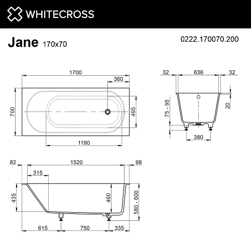 Ванна из искусственного камня WHITECROSS Jane 170x70 0222.170070.200 Solid Surface белый матовый Ванна из искусственного камня WHITECROSS Jane 170x70 0222.170070.200 Solid Surface белый матовый