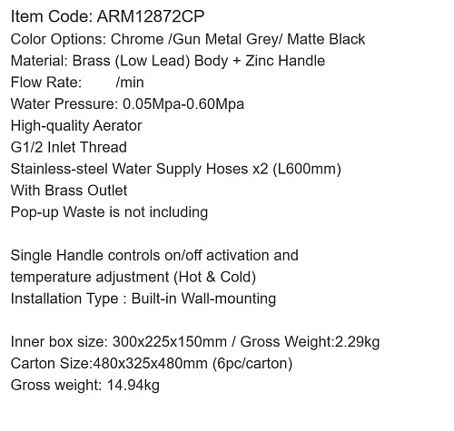 Смеситель для раковины ARROW ARM12872CP хром встраиваемый Смеситель для раковины ARROW ARM12872CP хром встраиваемый