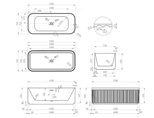 Ванна отдельностоящая ABBER AB9411-1.7 170x75 универсальная, белая акриловая Ванна отдельностоящая ABBER AB9411-1.7 170x75 универсальная, белая акриловая