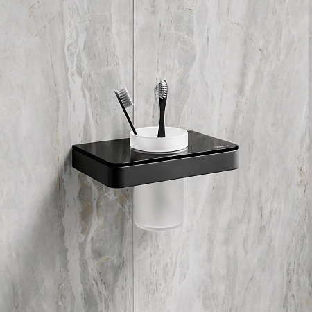 Стакан Lemark GLASS LINE с держателем, чёрный матовый/черное стекло 9732036