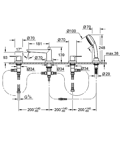 Смеситель на борт ванны GROHE BauLoop на 4 отверстия, хром 2511900A Смеситель на борт ванны GROHE BauLoop на 4 отверстия, хром 2511900A
