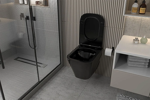Унитаз подвесной ABBER Rechteck AC1201MB черный матовый, безободковый с крышкой микролифт Унитаз подвесной ABBER Rechteck AC1201MB черный матовый, безободковый с крышкой микролифт