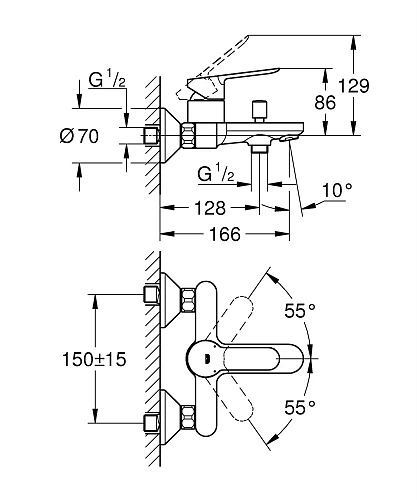 Смеситель для ванны GROHE BauEdge, настенный монтаж (23605000) Смеситель для ванны GROHE BauEdge, настенный монтаж (23605000)