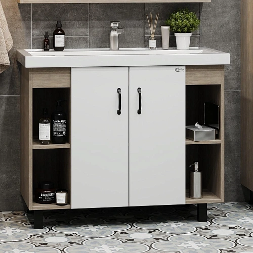 Тумба под раковину Onika Тимбер 100 см 110011 напольная, белая мат./дуб сонома (для Фостер 100) Тумба под раковину Onika Тимбер 100 см 110011 напольная, белая мат./дуб сонома (для Фостер 100)