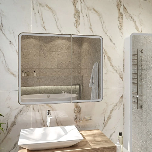 Зеркальный шкаф STWORKI Ольборг МВК080 100, с подсветкой, навесное, белое, большое, в стиле лофт, с 541614 Зеркальный шкаф STWORKI Ольборг МВК080 100, с подсветкой, навесное, белое, большое, в стиле лофт, с 541614