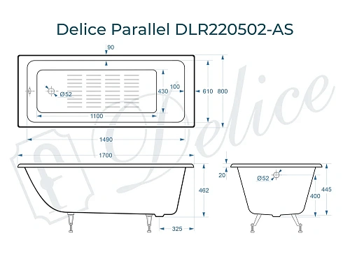 Ванна чугунная Delice Parallel 1700х800 без ручек с антискользящим покрытием DLR220502-AS Ванна чугунная Delice Parallel 1700х800 без ручек с антискользящим покрытием DLR220502-AS