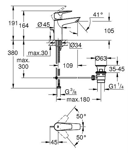 Смеситель для раковины GROHE BauEdge с ограничителем температуры и рычажным донным клапаном, размер 23902001 Смеситель для раковины GROHE BauEdge с ограничителем температуры и рычажным донным клапаном, размер 23902001