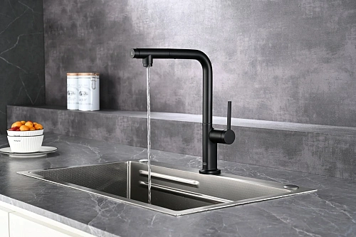 Смеситель для кухни AQUAme Cucina AQM9903MB с выдвижным изливом, с подключением к фильтру с питьевой водой, черный матовый Смеситель для кухни AQUAme Cucina AQM9903MB с выдвижным изливом, с подключением к фильтру с питьевой водой, черный матовый