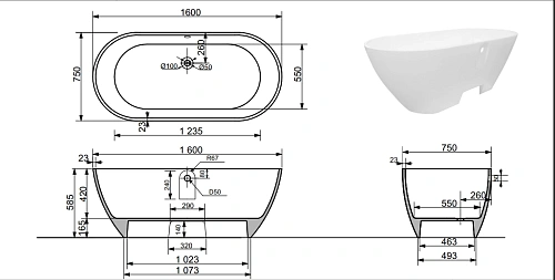 Ванна из искусственного камня BOGEMA SOFIA 1600х750 VSO16075 Ванна из искусственного камня BOGEMA SOFIA 1600х750 VSO16075