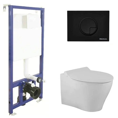 Комплект унитаза BERGES TOP Rimless с инсталляцией NOVUM525, кнопка R5 SoftTouch черная, сидение мик 043229 Комплект унитаза BERGES TOP Rimless с инсталляцией NOVUM525, кнопка R5 SoftTouch черная, сидение мик 043229
