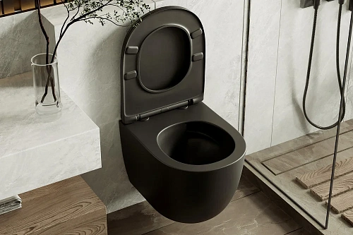 Унитаз подвесной ABBER Bequem AC1100TMB черный матовый, безободковый, смыв торнадо Унитаз подвесной ABBER Bequem AC1100TMB черный матовый, безободковый, смыв торнадо