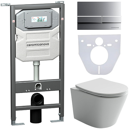 Комплект унитаза Ceramica Nova Balearica Rimless CN6000 c шумоизоляцией CN1000 инсталляцией Envision клавишей смыва Flat хром матовый и креплениями CN1002M
