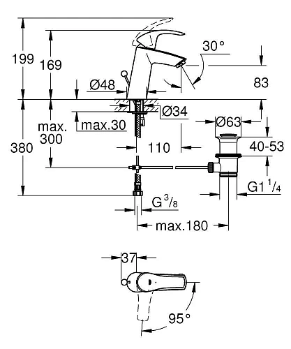 Смеситель для раковины GROHE Eurosmart с донным клапаном и энергосберегающим картриджем, хром (23393 2339310E Смеситель для раковины GROHE Eurosmart с донным клапаном и энергосберегающим картриджем, хром (23393 2339310E