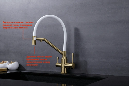 Смеситель для кухни Raglo R81.62.03 с гибким изливом с подключением к фильтру, золотой сатин Смеситель для кухни Raglo R81.62.03 с гибким изливом с подключением к фильтру, золотой сатин