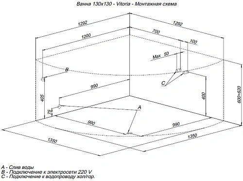 Акриловая ванна Aquanet Vitoria 130x130 (с каркасом) 00205371 Акриловая ванна Aquanet Vitoria 130x130 (с каркасом) 00205371
