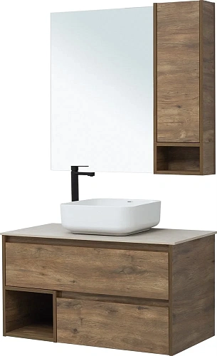 Комплект мебели STWORKI Карлстад 90 дуб рустикальный, простоун беж, с отверстием для смесителя в сто 425508 Комплект мебели STWORKI Карлстад 90 дуб рустикальный, простоун беж, с отверстием для смесителя в сто 425508