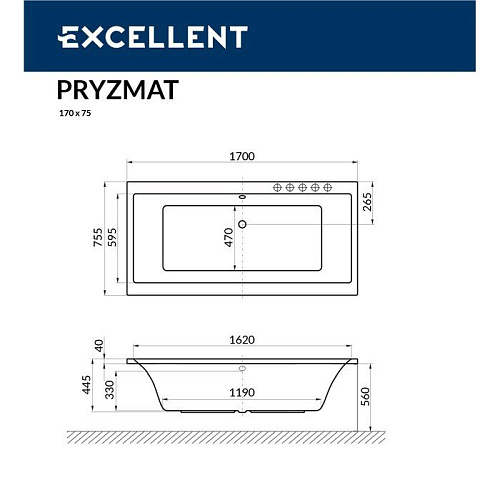 Акриловая ванна EXCELLENT Pryzmat 170x75 SMART золото WAEX.PRY17.SMART.GL Акриловая ванна EXCELLENT Pryzmat 170x75 SMART золото WAEX.PRY17.SMART.GL